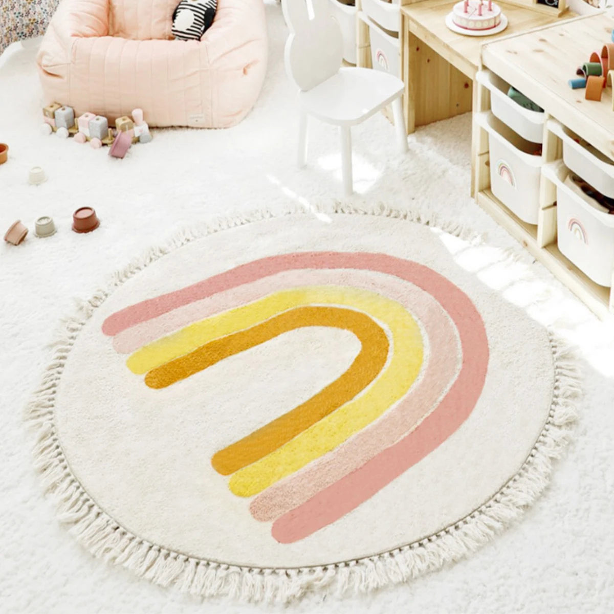 Cute Round Rug Bedroom Tassel Carpet Mat Bedside Kids Room Ddecoration Cartoon Floor Mats Home Soft Machine Washable Area Rugs