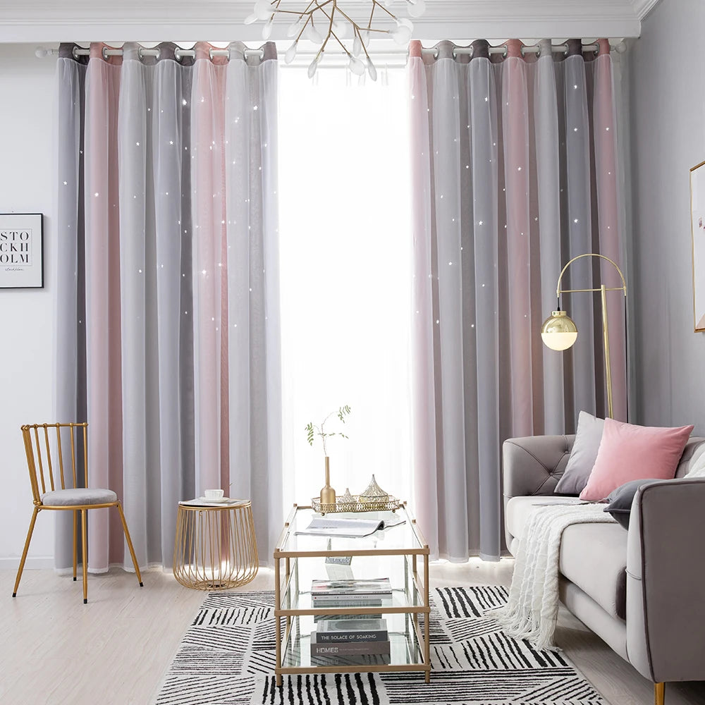 Rainbow Hollow-Out Star Blackout Curtains for Girl Kid Nursery Bedroom and Living Room Double Layer Window Cute Grommet Curtains