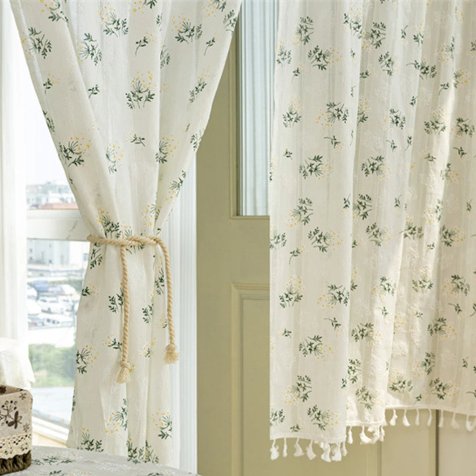 Korean Daisy Curtains Road Pocket Shade Curtain Floral Tassel for Kitchen Bedroom Living Room Bay Window Cabinet Curtain