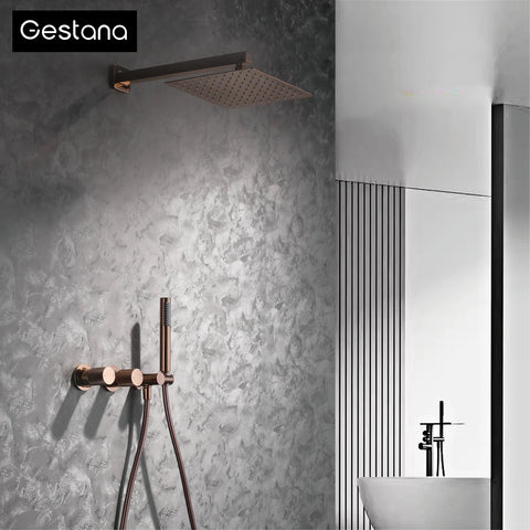 Luxury gun gray brass wall mounted shower system embedded design with 2 handles dual control hot and cold water bathroom faucet