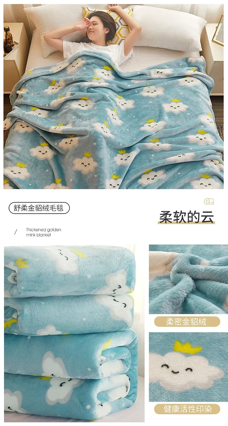 Thin Blanket for Summer Soft Coral Fleece Flannel Blanket for Beds Flower Printed Plaids for Bed Single/Queen/King Size Blanket