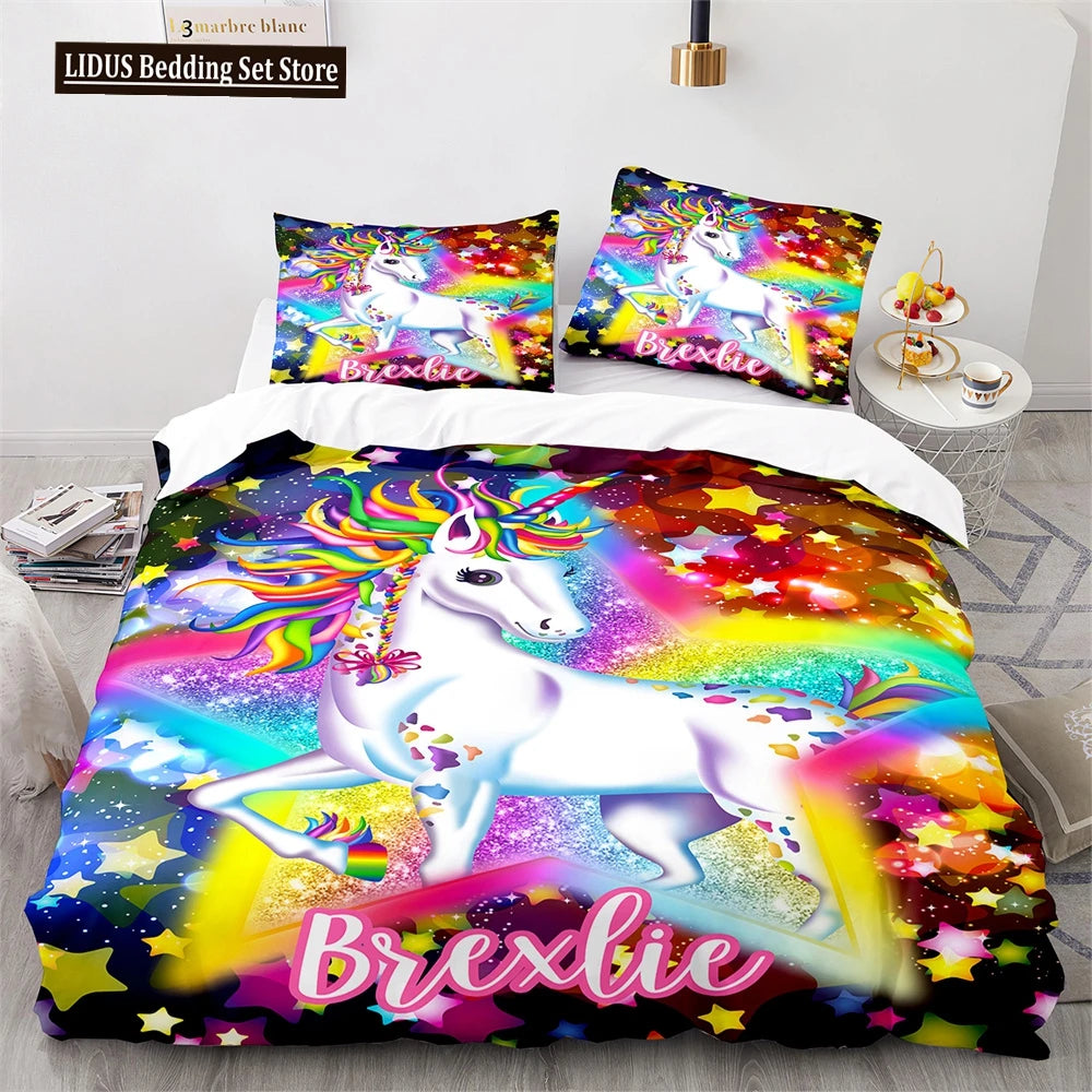 Unicorn Rainbow Duvet Cover Set King Twin Full Size Kids Boy Girl Bedding Set Colourful Cartoon Child Polyester Comforter Cover