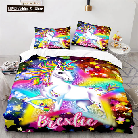 Unicorn Rainbow Duvet Cover Set King Twin Full Size Kids Boy Girl Bedding Set Colourful Cartoon Child Polyester Comforter Cover