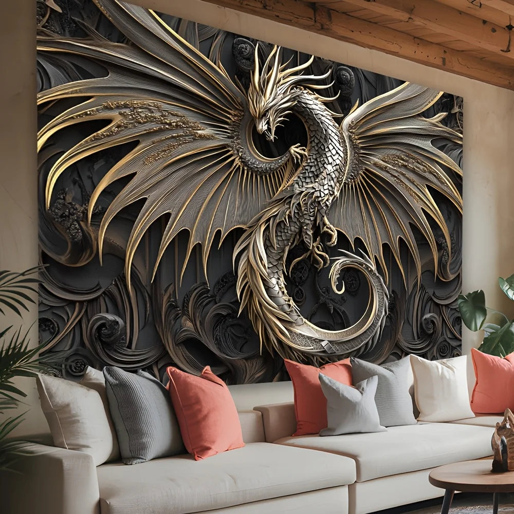 1pc Simple Black Dragon Tapestry, Polyester Fabric, Gold Decoration - Polyester Fabric, Suitable for Living Room, Bedroom
