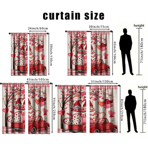 2PCS red and white checkered heart-shaped gnome curtains, sweet style, living room and bedroom, decorative with drawbar pockets