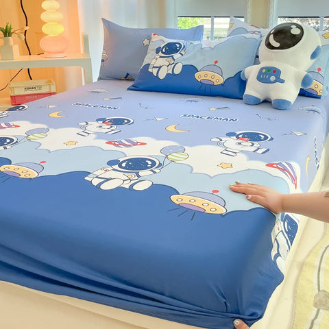 1pc 100%Cotton Bed Sheet for Kids Cartoon Style Car Printed Fitted Sheet with Elastic Band for Boys Pure Cotton Single Bed Cover