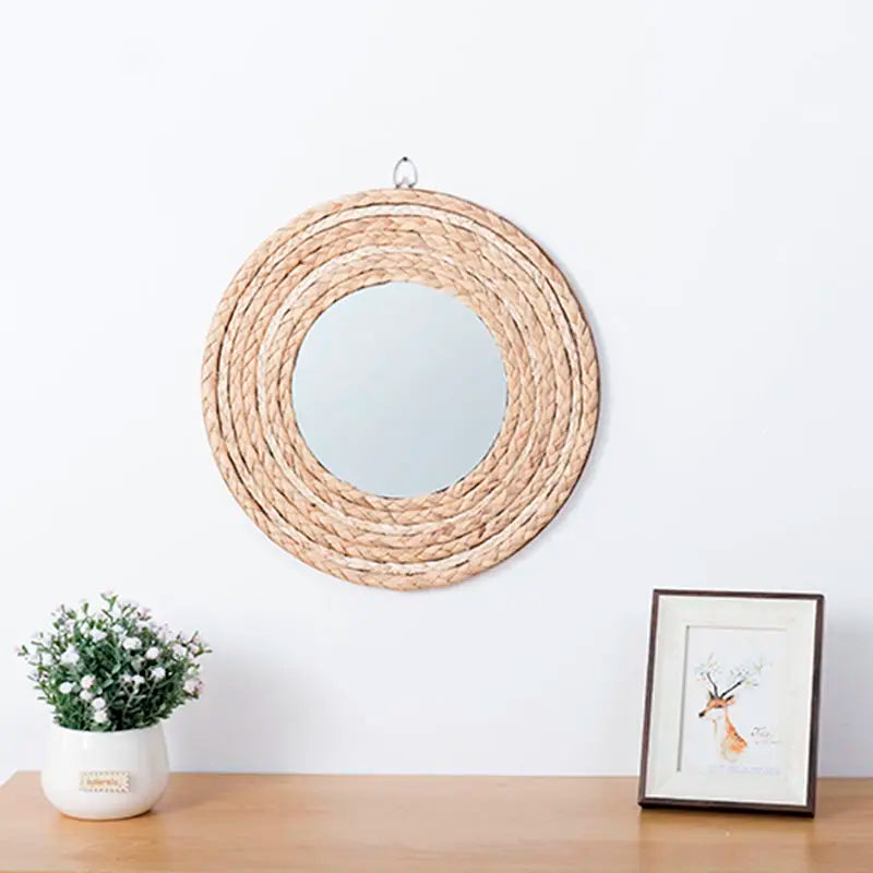 Rattan Handicrafts Decorative Round Mirror Makeup Mirror Bed and Breakfast Living Room Entrance Wall Wall Decorative Mirrors