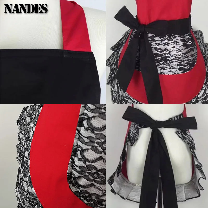 Black Red Lace Apron With Pocket Retro Sexy Pinup Aprons For Kitchen Cosplay Costume Cooking Oilproof Aprons for Women Girls