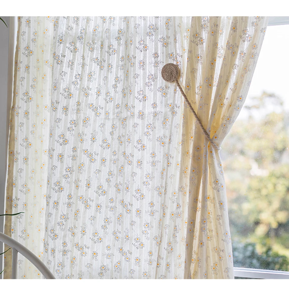 Korean Daisy Curtains Road Pocket Shade Curtain Floral Tassel for Kitchen Bedroom Living Room Bay Window Cabinet Curtain