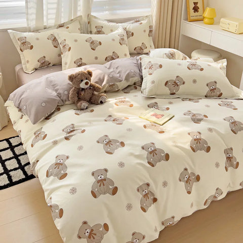 Cute Bear Duvet Cover Set for Teens, 3-Pieces Set 100%Cotton Comforter Cover with Pillow Shams, Soft Comfortable Kids Bedding