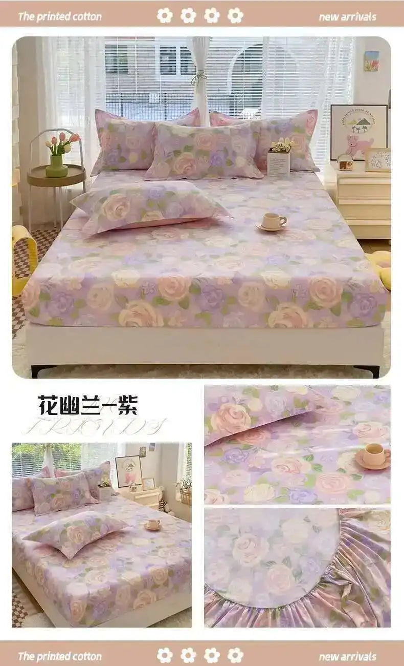 100% Cotton Kids Fitted Sheet - Pink Cartoon Print Single Size, Soft Bed Sheet Mattress Cover (No Pillowcase)