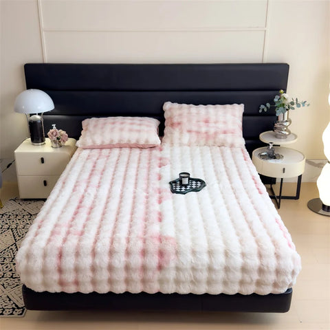 Luxury Faux Rabbit Plush Fitted Sheet with Deep Pocket Winter Thicken Warm Mattress Protector Soft Fluffy Double Mattress Cover