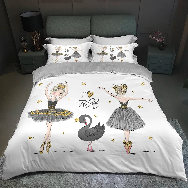 Modern Lovely Princess Kids Bedding Set Twin Size Microfiber Cartoon Unicorn Swan Ballet Girl Print Duvet Cover With Pillowcases
