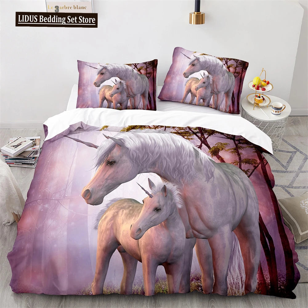 Unicorn Rainbow Duvet Cover Set King Twin Full Size Kids Boy Girl Bedding Set Colourful Cartoon Child Polyester Comforter Cover