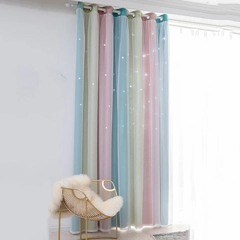 Rainbow Hollow-Out Star Blackout Curtains for Girl Kid Nursery Bedroom and Living Room Double Layer Window Cute Grommet Curtains