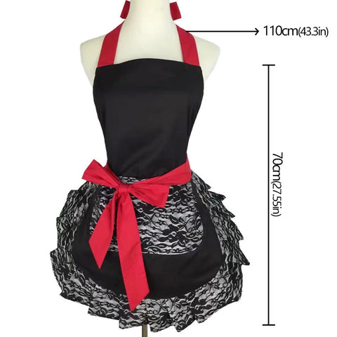 Black Red Lace Apron With Pocket Retro Sexy Pinup Aprons For Kitchen Cosplay Costume Cooking Oilproof Aprons for Women Girls