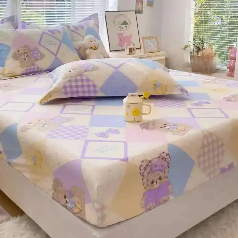 100% Cotton Kids Fitted Sheet - Pink Cartoon Print Single Size, Soft Bed Sheet Mattress Cover (No Pillowcase)