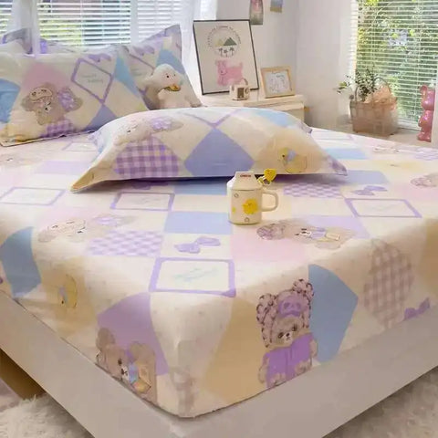 100% Cotton Kids Fitted Sheet - Pink Cartoon Print Single Size, Soft Bed Sheet Mattress Cover (No Pillowcase)