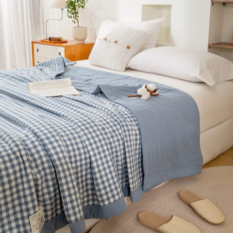 Japanese-style Plaid Summer Blanket 100% Cotton Skin Friendly Quilted Queen Quilt 220*240 Breathable King Size Duvet Comforter