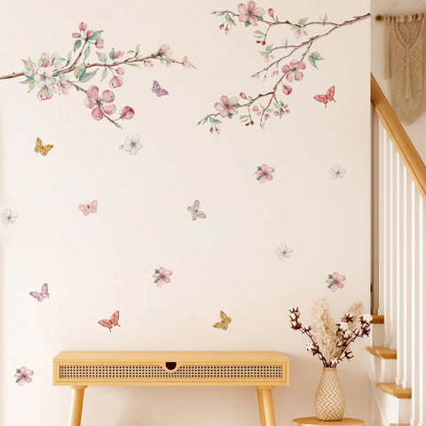 Pink Flowers Blooming Tree Branch Butterfly  Floral Watercolor Wall Stickers for Nursery Bedroom Living Room Wall Decals Murals