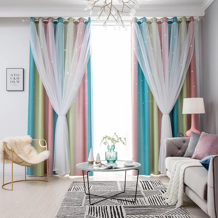 Rainbow Hollow-Out Star Blackout Curtains for Girl Kid Nursery Bedroom and Living Room Double Layer Window Cute Grommet Curtains