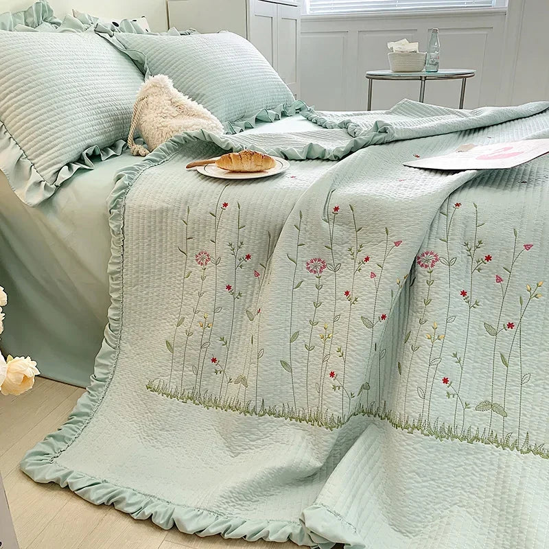 Fresh Flower Embroidered Summer Blanket 4/3/1 Pcs Ruffled Quilted Summer Quilt Set Machine Washable Lightweight Comforter Duvet