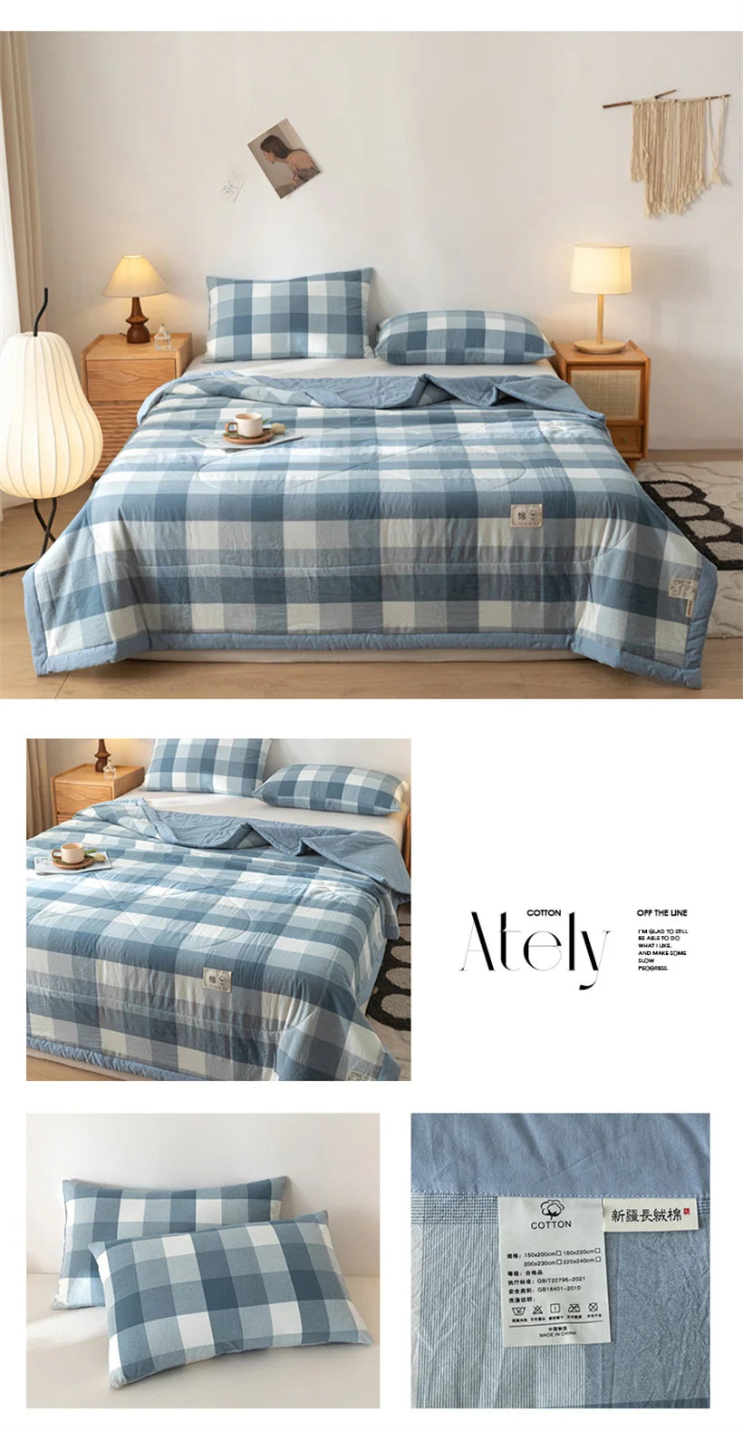 Ins Style Summer Quilt with 100% Cotton Filling Lightweight Skin-friendly Pure Cotton Quilt Plaid Style Thin Comforter Bed Duvet