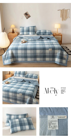 Ins Style Summer Quilt with 100% Cotton Filling Lightweight Skin-friendly Pure Cotton Quilt Plaid Style Thin Comforter Bed Duvet