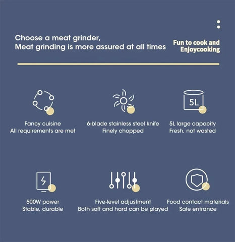 5L Electric Meat Grinder Chopper Stainless Steel Meat Vegetables Blender, 500W Household Stuffing Food Processor Mincer 5 Modes