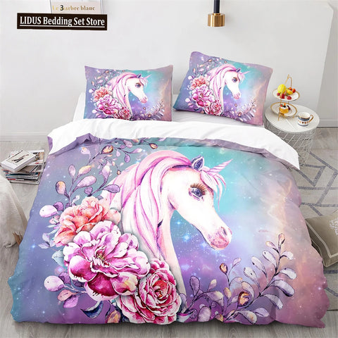Unicorn Rainbow Duvet Cover Set King Twin Full Size Kids Boy Girl Bedding Set Colourful Cartoon Child Polyester Comforter Cover