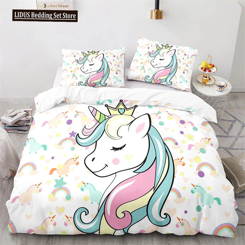 Unicorn Rainbow Duvet Cover Set King Twin Full Size Kids Boy Girl Bedding Set Colourful Cartoon Child Polyester Comforter Cover