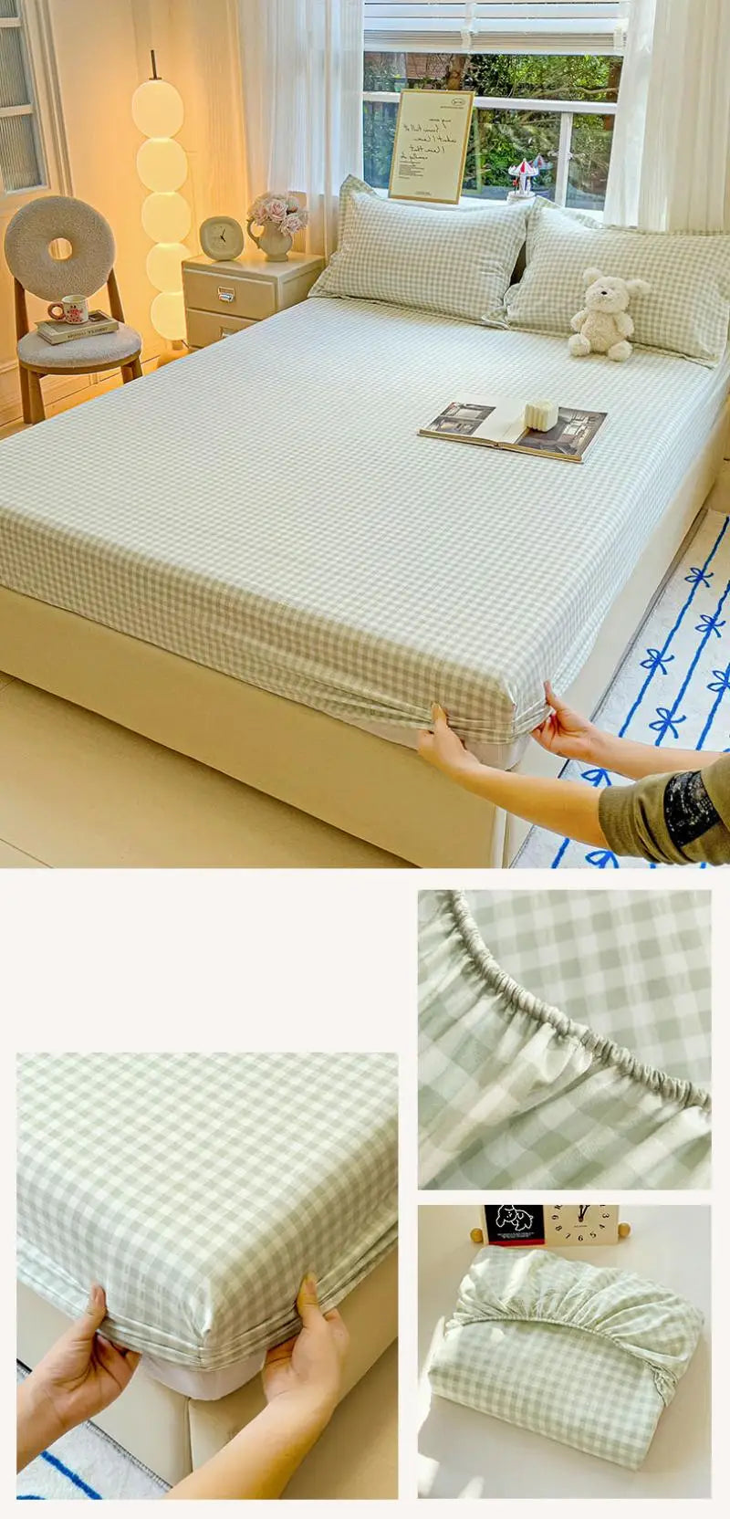 New Ultra-Thin Grid Pattern Fitted Sheet Set Washed Cotton Skin-Friendly Mattress Dust Cover Soft Breathable Household Mat