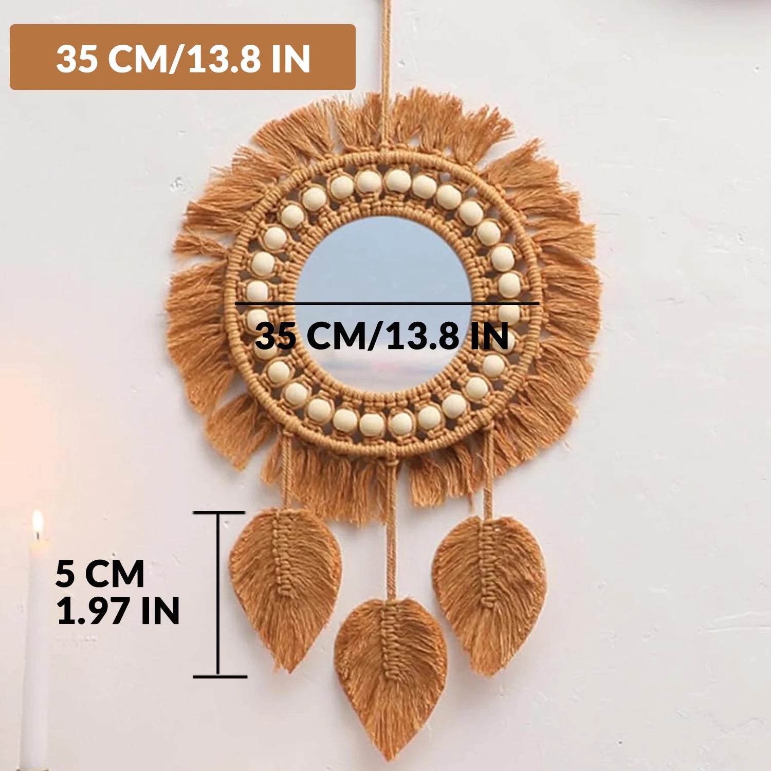 Macrame Hanging Wall Mirror, Boho Fringe Round Handmade Decorative Acrylic Mirror for Apartment Living Room Bedroom Home Decor