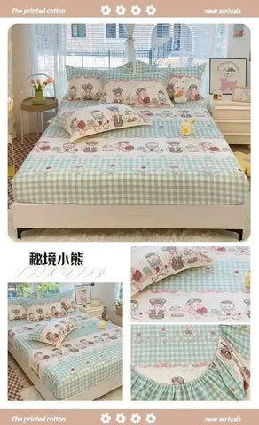 100% Cotton Kids Fitted Sheet - Pink Cartoon Print Single Size, Soft Bed Sheet Mattress Cover (No Pillowcase)