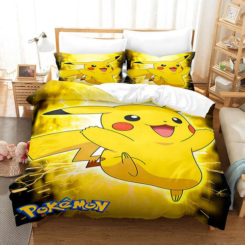 Kawaii Pokemoned Cartoon Anime Bedding Set Pikachu Gengar Eevee Charizard Quilt Duvet Cover Pillowcase Kid Bed Set Twin Size