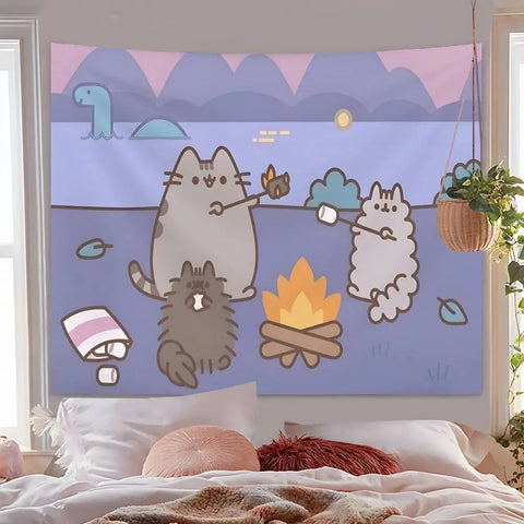 Cartoon P-PusheensS Cute Cat Tapestry Hanging Dormitory Room Bedspread Blanket Children's Room Party Home Decoration Gift