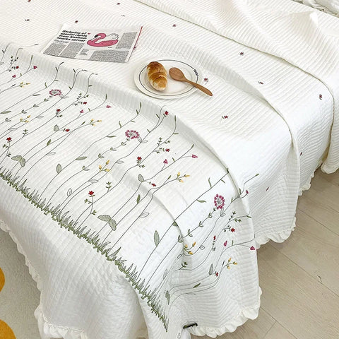 Fresh Flower Embroidered Summer Blanket 4/3/1 Pcs Ruffled Quilted Summer Quilt Set Machine Washable Lightweight Comforter Duvet