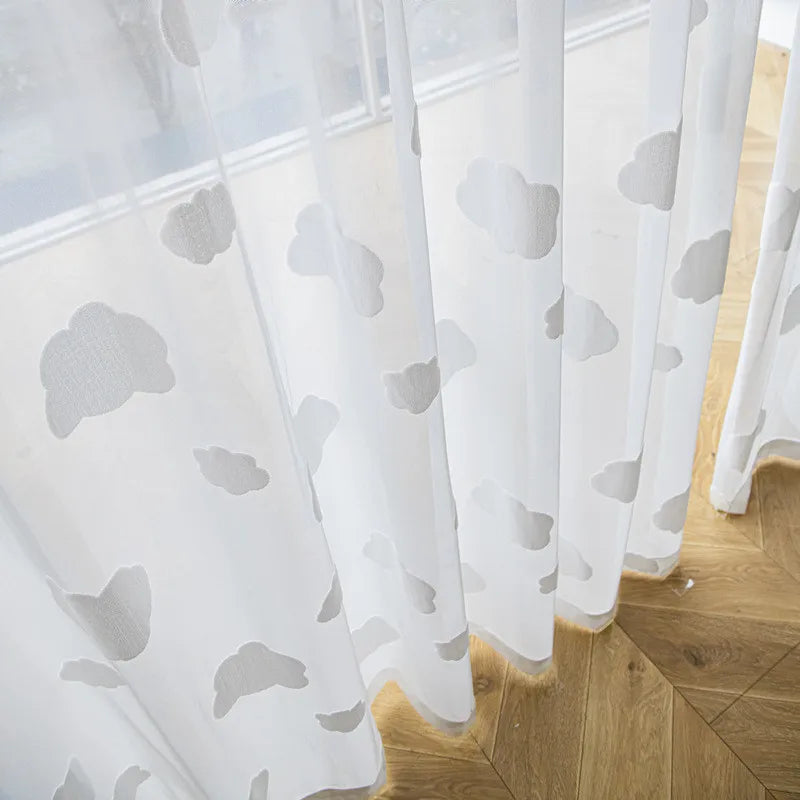 3D Cloud Embroidered Tulle Curtain For Living Room Bedroom Japanese Simple White Flocking Cartoon Sheer Drapes For Children Room