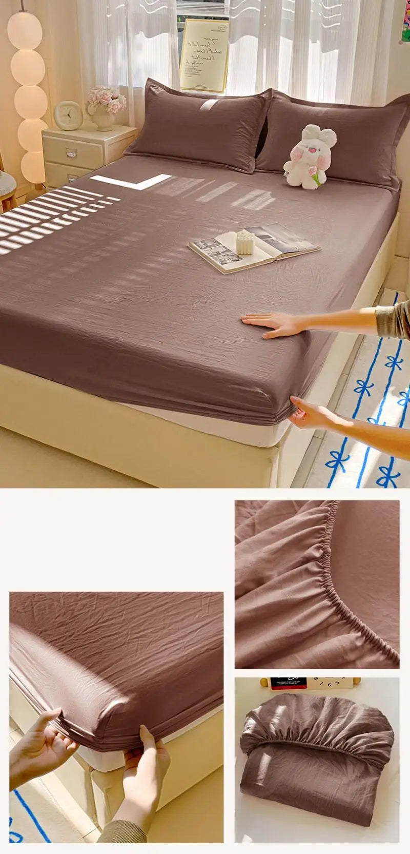 New Ultra-Thin Grid Pattern Fitted Sheet Set Washed Cotton Skin-Friendly Mattress Dust Cover Soft Breathable Household Mat