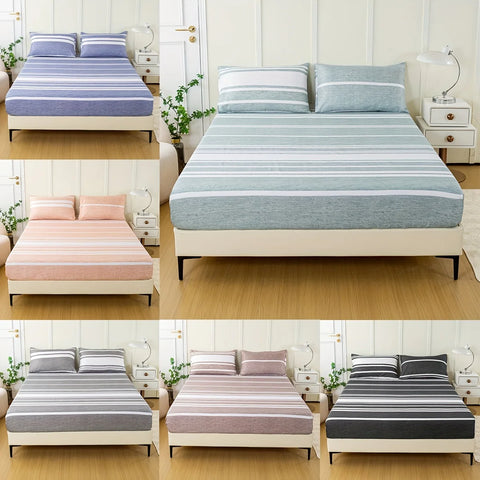 3-Piece Striped Fitted Sheet Set – Luxuriously Soft & Breathable – Includes 1 Fitted Sheet and 2 Pillowcases for Cozy Sleep – Pe