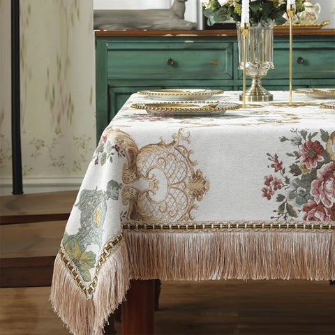 European Retro Dinning Tablecloth With Tassel Luxury Embroidery Table Cover Flower Elegant Table Cloth Decoration Living Room