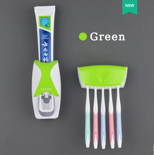 2PCS Automatic Toothpaste Dispenser Wall Mount Dust-proof Toothbrush Holder Wall Mount Bathroom Accessories Set Squeezer