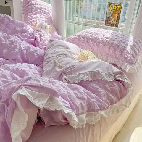 Korean Princess  Bedding Set Duvet Cover Ins Style Wash Cotton Solid Color Summer Soft Bed Sheet Set Comforter Set Quilt Cover