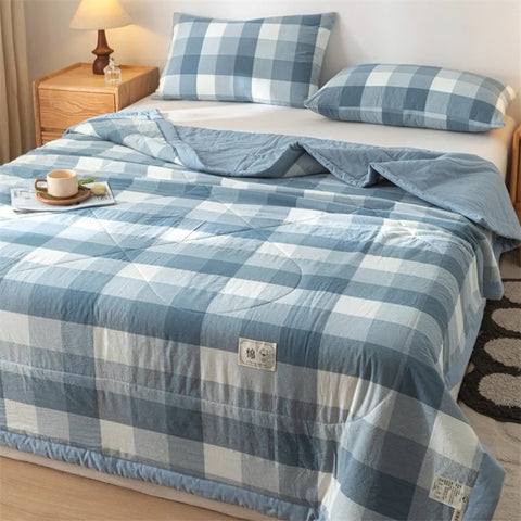 Ins Style Summer Quilt with 100% Cotton Filling Lightweight Skin-friendly Pure Cotton Quilt Plaid Style Thin Comforter Bed Duvet