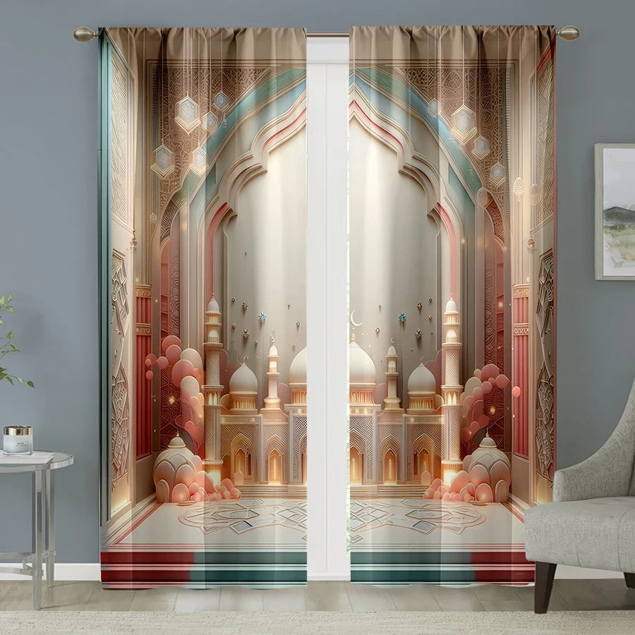 2PCS Soft Islamic Architectural Decoration Curtains, Elegant Style, Living Room and Bedroom, Drawbar Pocket Decoration