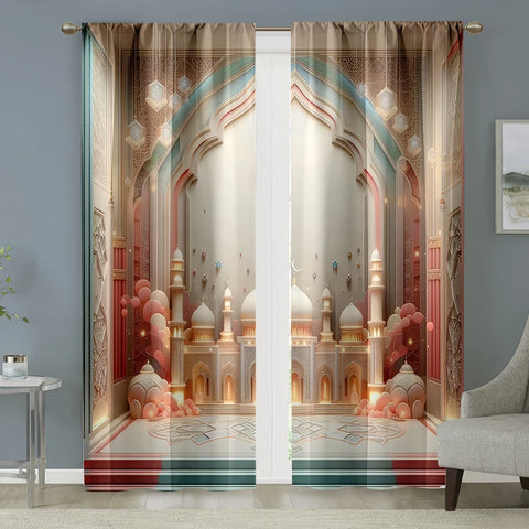 2PCS Soft Islamic Architectural Decoration Curtains, Elegant Style, Living Room and Bedroom, Drawbar Pocket Decoration