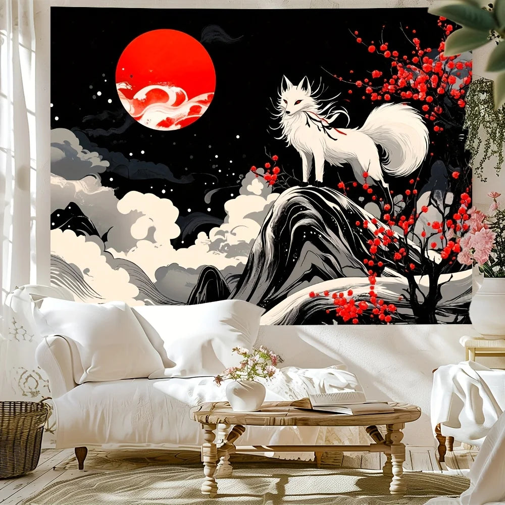 1pc Fantasy White Fox and Red Flower Tree Background Wall Cloth-Modern Polyester Reusable Party Decorative Tapestry
