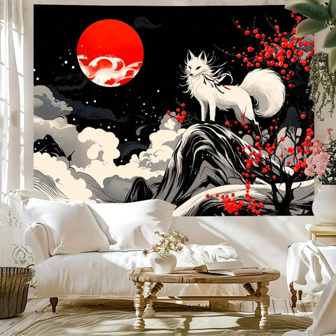 1pc Fantasy White Fox and Red Flower Tree Background Wall Cloth-Modern Polyester Reusable Party Decorative Tapestry
