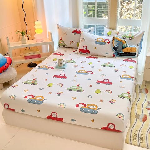 1pc 100%Cotton Bed Sheet for Kids Cartoon Style Car Printed Fitted Sheet with Elastic Band for Boys Pure Cotton Single Bed Cover