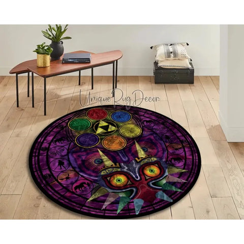 Zelda Symbol Round Rug Retro Style Game Room Carpet for Living Room Gaming Decor Zelda Majora’s Mask Rug Gift for Gamer